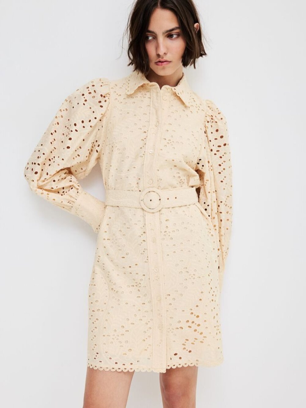 H&M Beige Eyelet Mini Shirt Dress with Belt Size XL NWT